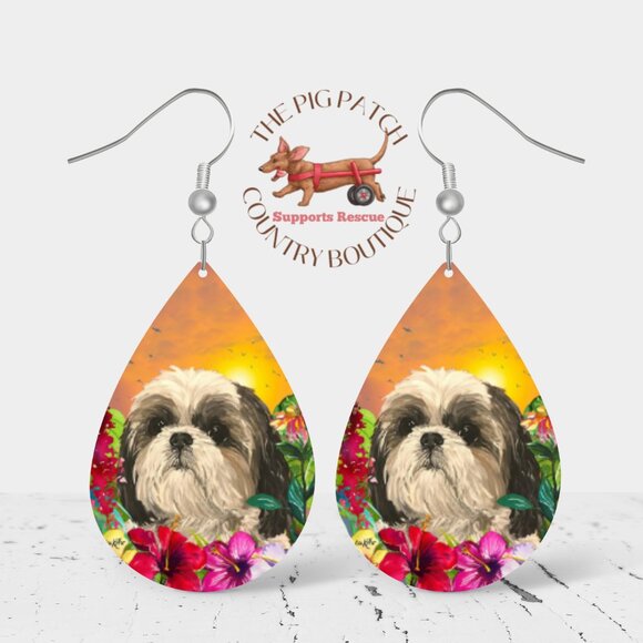 Shih Tzu Dog Tropical Sunset Teardrop Earrings - Picture 1 of 1